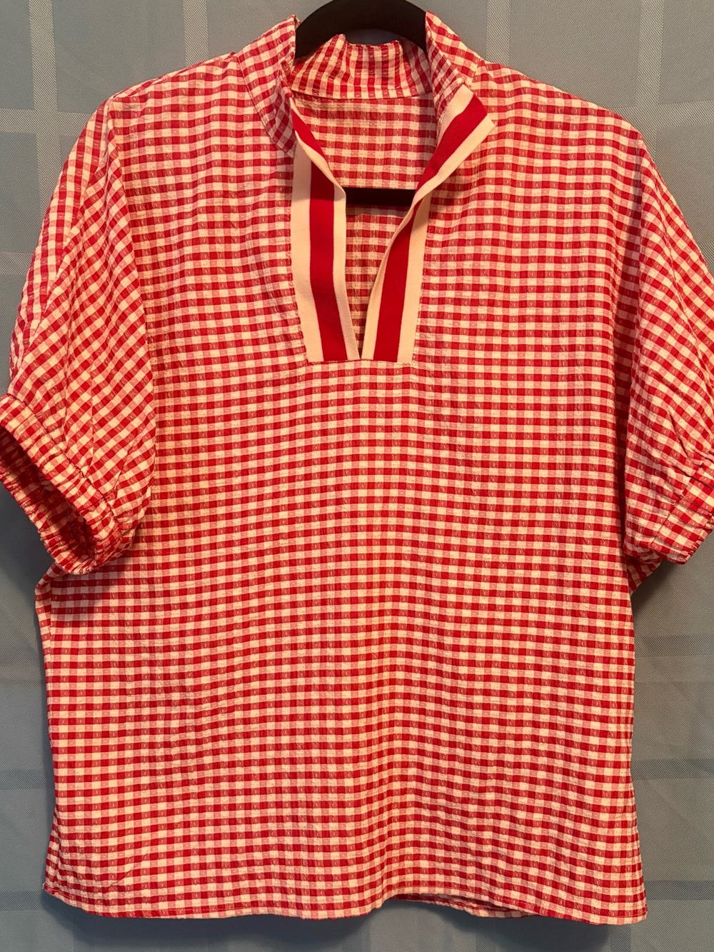 Seersucker Red Gingham Short-Sleeve Shirt -Women